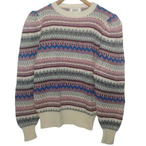 Vintage 80s Brooks Womens M Sweater Geometric Stripe Zig Zag Pink Blue Ruffled